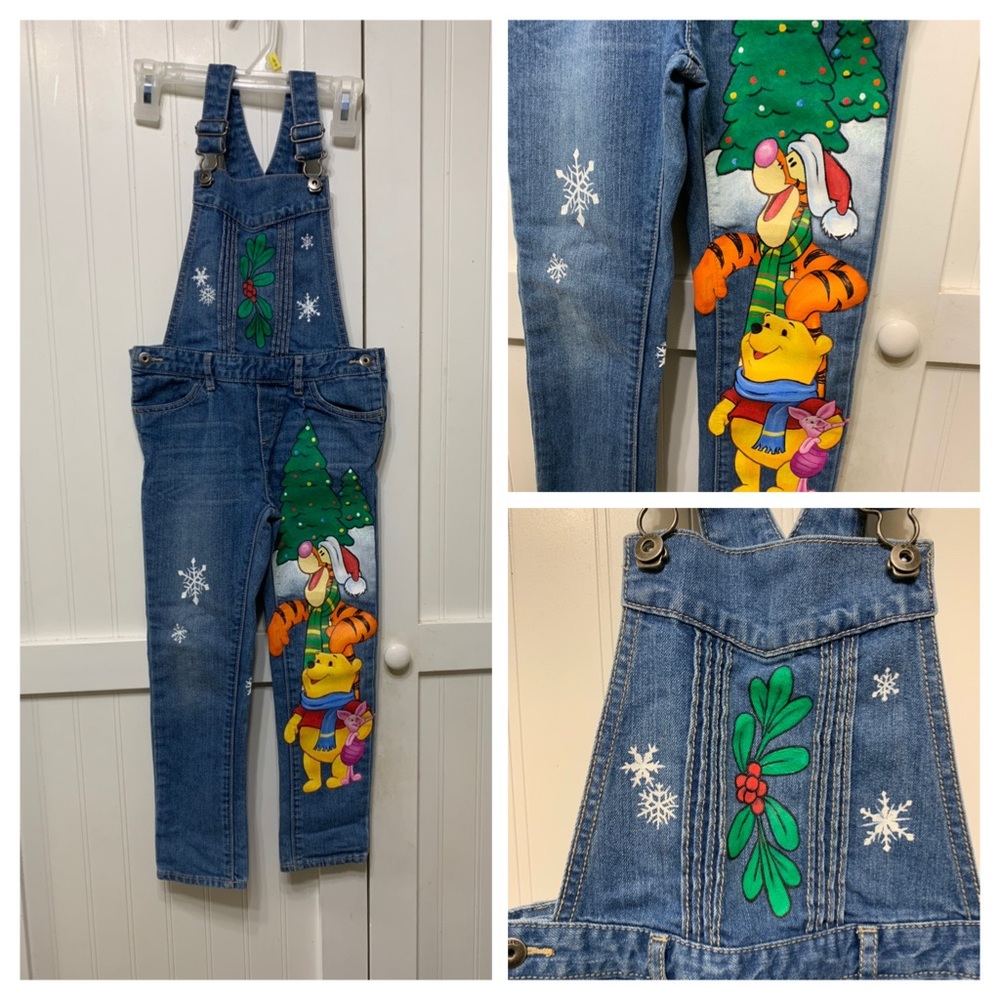 Disney Painted Winnie the Pooh Christmas Bibs jeans Baby Gap Girls 5yrs